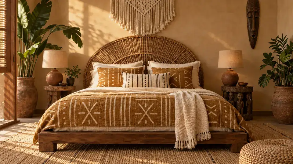 Bedroom with mudcloth bedding and a rattan headboard