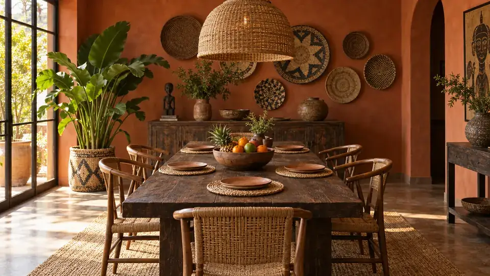 Dark wood dining table with a basket wall and a woven pendant light
