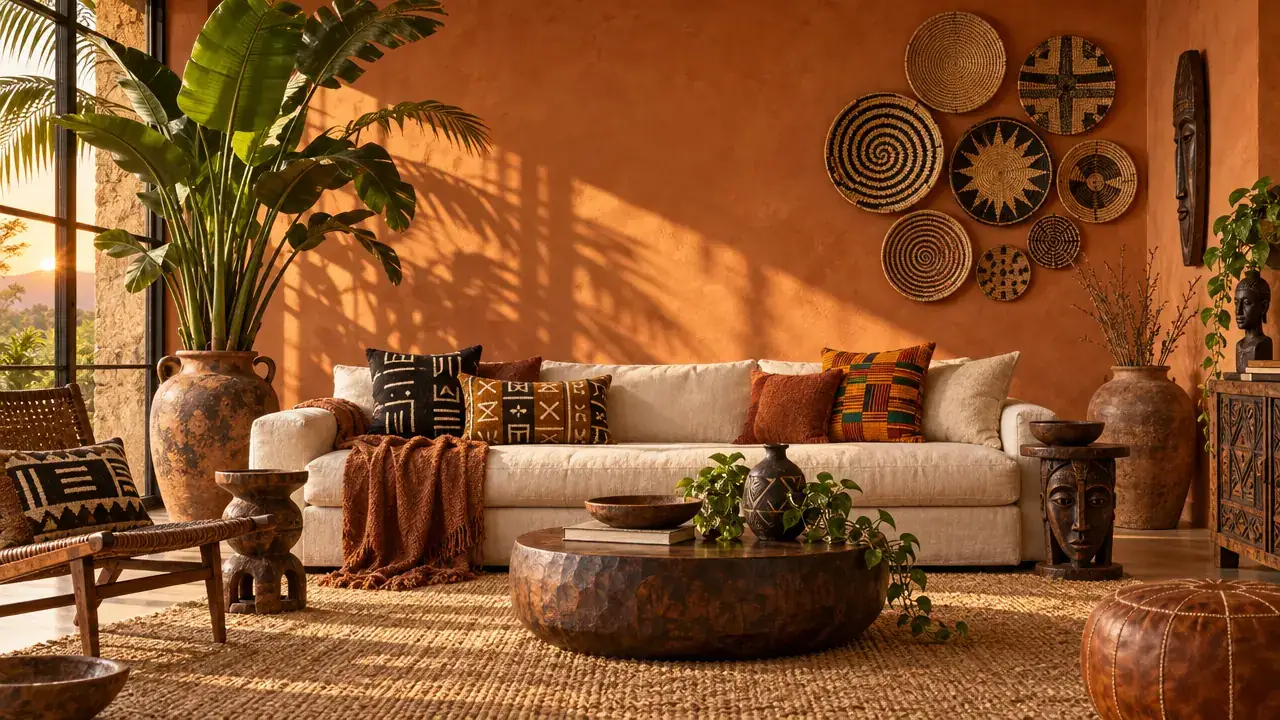 A terracotta living room with a wall of woven baskets