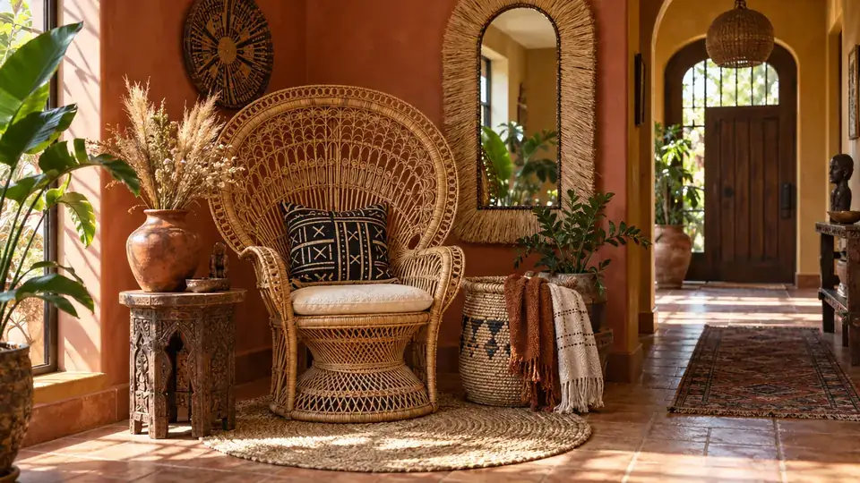 Reading nook with a rattan peacock chair